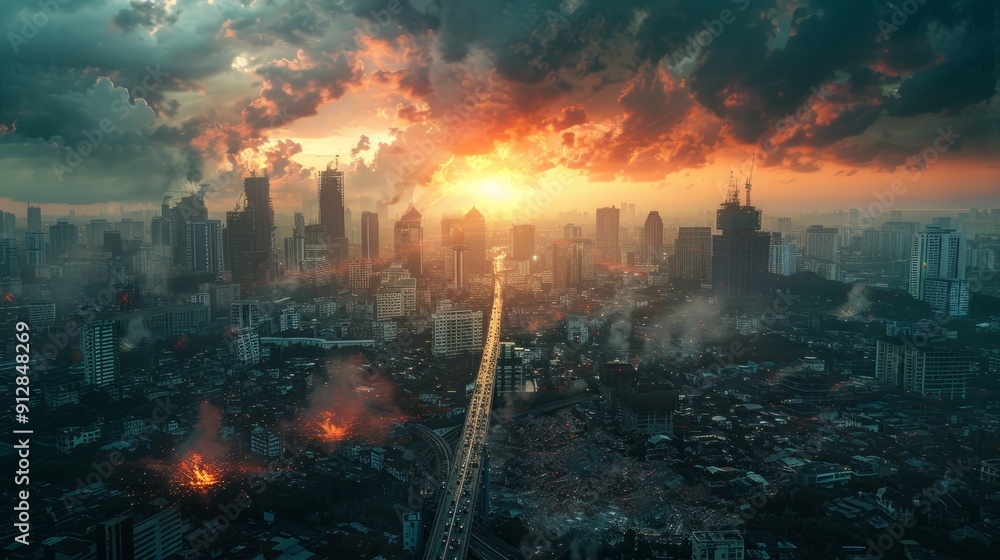 Obraz premium Dramatic sunset over urban cityscape with smoke and fires