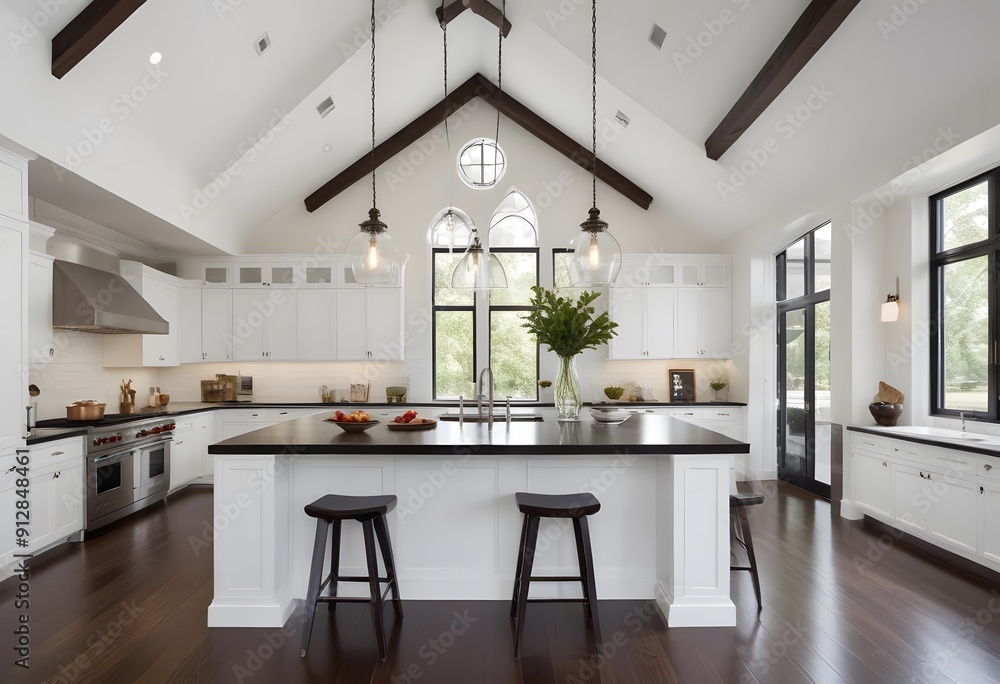 Fototapeta premium Interior A modern farmhouse-style kitchen with white cabinets, a black countertop, and a vaulted ceiling with exposed wooden beams. The kitchen has a large