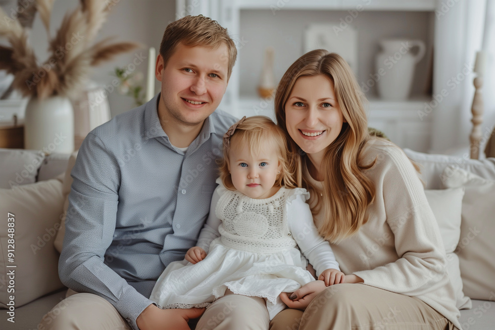 Family portrait of two young parents holding their infant daughter in their arms looking at the camera Family portrait of two young parents holding their infant daughter in their arms looking at the camera