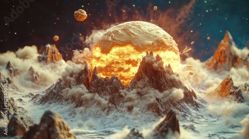A Burning Planet Colliding with Mountain Range