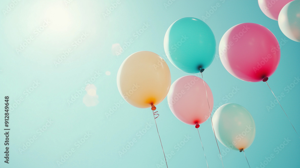 Pastel-Colored Balloons Floating Against a Clear Blue Sky Pastel-Colored Balloons Floating Against a Clear Blue Sky