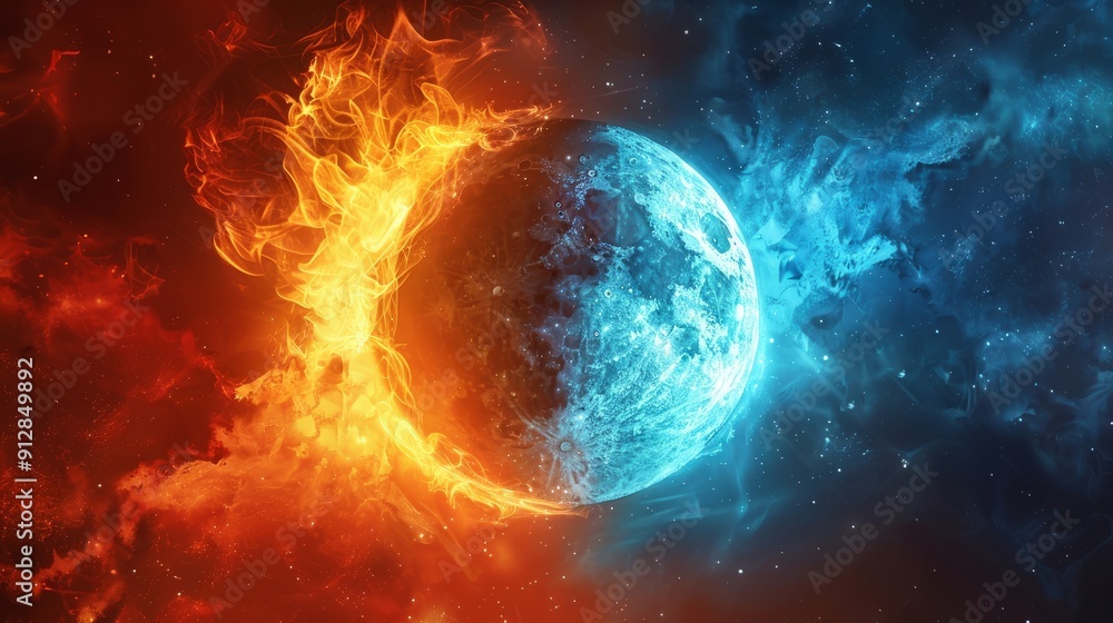 Celestial eclipse of fire and ice surrounded by cosmic nebula Celestial eclipse of fire and ice surrounded by cosmic nebula