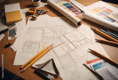 A desk with architectural blueprints, pencils, and color swatches, suggesting an interior design or construction planning process