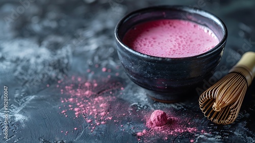 Pink matcha tea.A beautifully styled black bowl of vibrant pink beverage sits alongside a traditional whisk, evoking a sense of serenity and culinary artistry.  photo