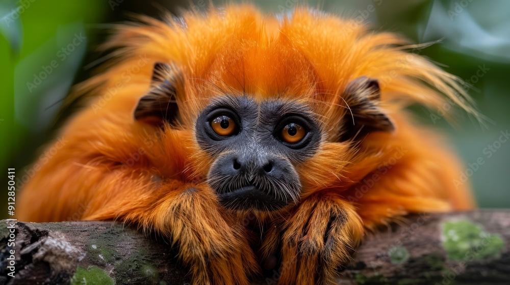 Golden lion tamarin relaxing on a branch in a lush tropical forest Golden lion tamarin relaxing on a branch in a lush tropical forest