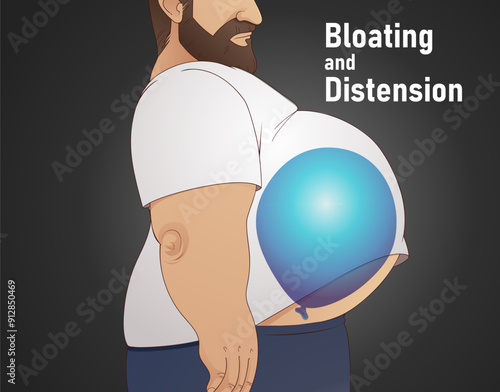 A human with health problems. Bloating and distension. Healthcare illustration. Vector illustration.  