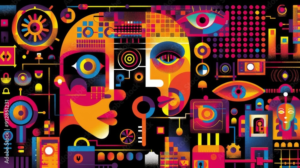 Vibrant abstract faces with keyholes and keys, surrounded by geometric patterns and symbols, suggesting a world of security and reliability. Vibrant abstract faces with keyholes and keys, surrounded by geometric patterns and symbols, suggesting a world of security and reliability.