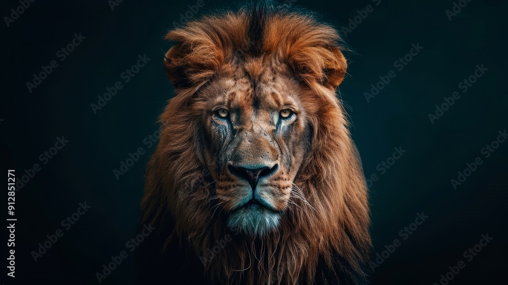 Fototapeta premium Majestic lion portrait against dark background in captivating close-up