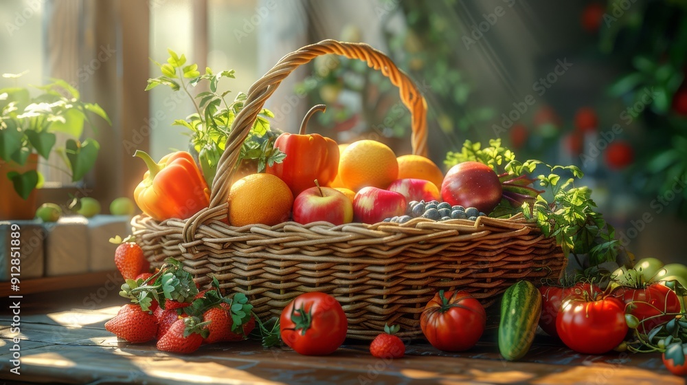 Vegetables and fruits in wooden basket for healthy food concept isolated on transparent background. Vegetables and fruits in wooden basket for healthy food concept isolated on transparent background.