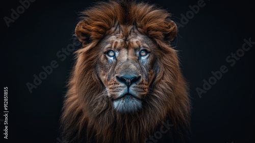 Majestic lion portrait with striking mane against dark background