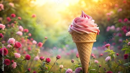 A Surreal Ice Cream Cone in a Whimsical Garden:  A Dreamy Fusion of Rose and Fantasy  generative AI photo