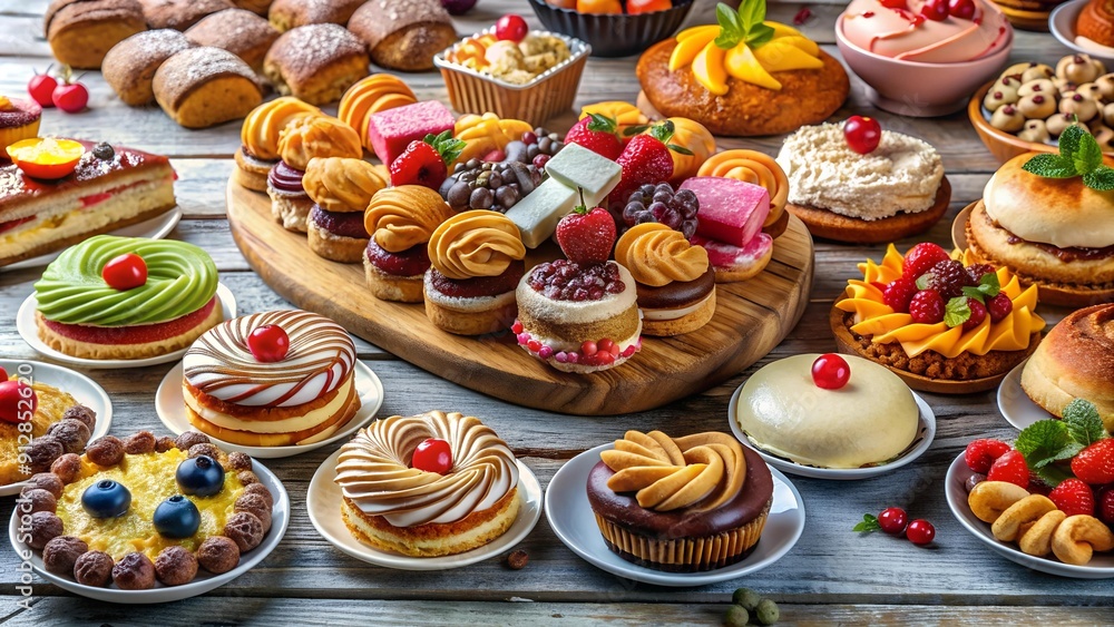 A Symphony of Sweets: A Table Overflowing with Delectable Pastries and Cakes Generative AI A Symphony of Sweets: A Table Overflowing with Delectable Pastries and Cakes Generative AI