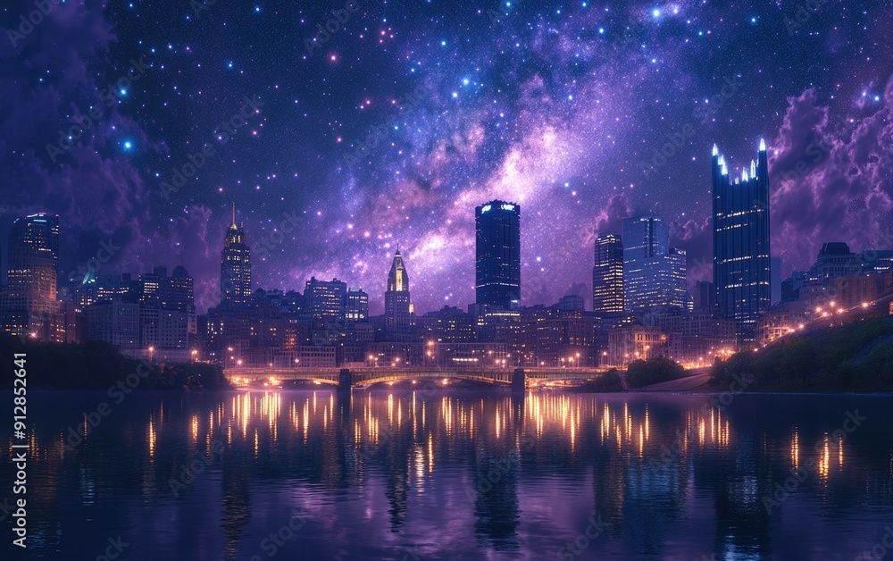 Cityscape with a Starry Night Sky and River Reflection Cityscape with a Starry Night Sky and River Reflection