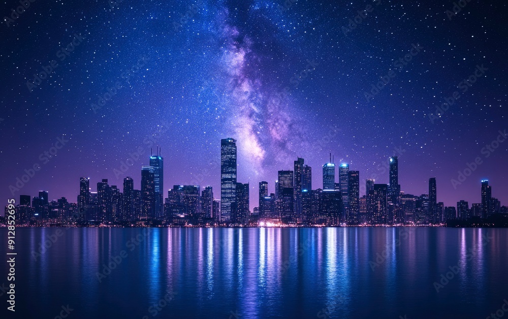 Fototapeta premium City Skyline with Milky Way Galaxy Reflection on Calm Water