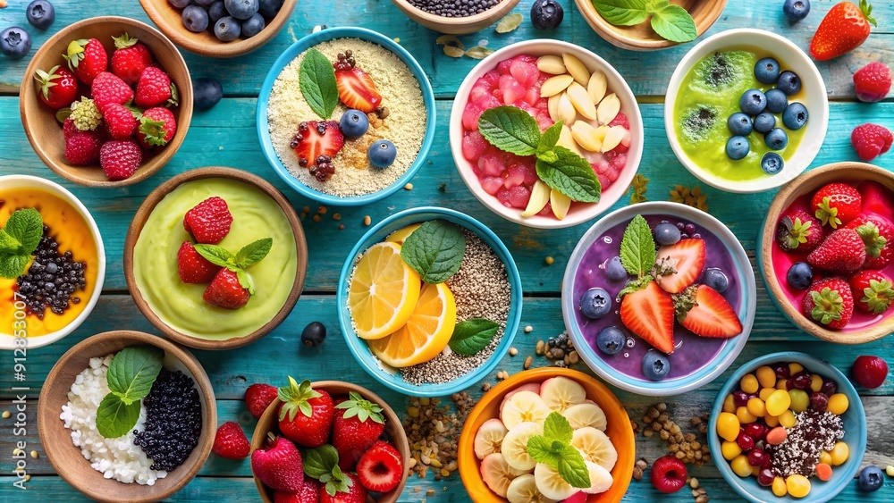 A Rainbow of Freshness: Colorful Smoothie Bowls in a Whimsical Setting Generative AI A Rainbow of Freshness: Colorful Smoothie Bowls in a Whimsical Setting Generative AI