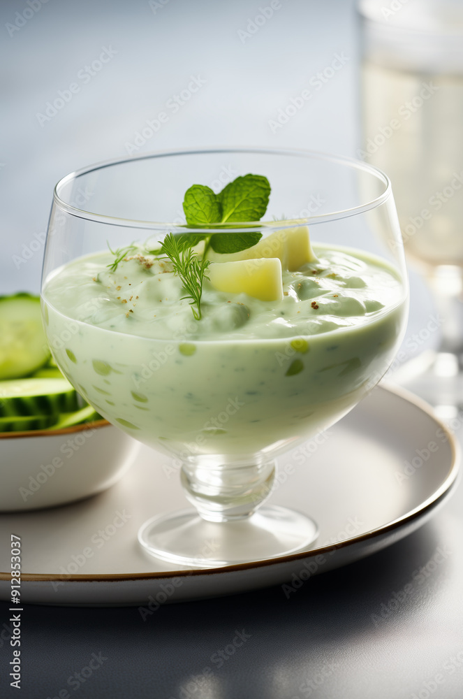 Glass bowl filled with a creamy, light green Cucumber vichyssoise cold soup, garnished with fresh mint leaves and small cubes of potato with small bowl of sliced cucumbers on background. Glass bowl filled with a creamy, light green Cucumber vichyssoise cold soup, garnished with fresh mint leaves and small cubes of potato with small bowl of sliced cucumbers on background.
