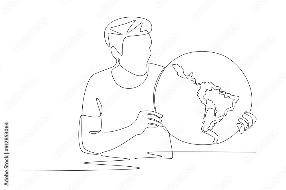 Man holding latin america map globe. Latin america concept one-line drawing Man holding latin america map globe. Latin america concept one-line drawing