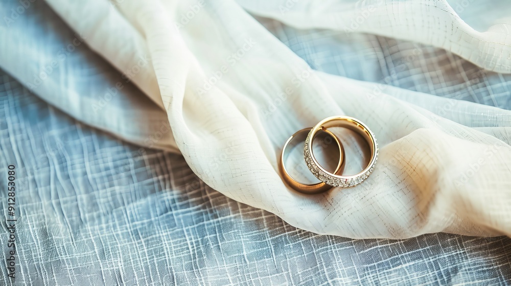 Elegant Pair of Golden Wedding Rings with Diamond Engagement Ring on a White Textile Background, Symbolizing Love and Marriage Elegant Pair of Golden Wedding Rings with Diamond Engagement Ring on a White Textile Background, Symbolizing Love and Marriage