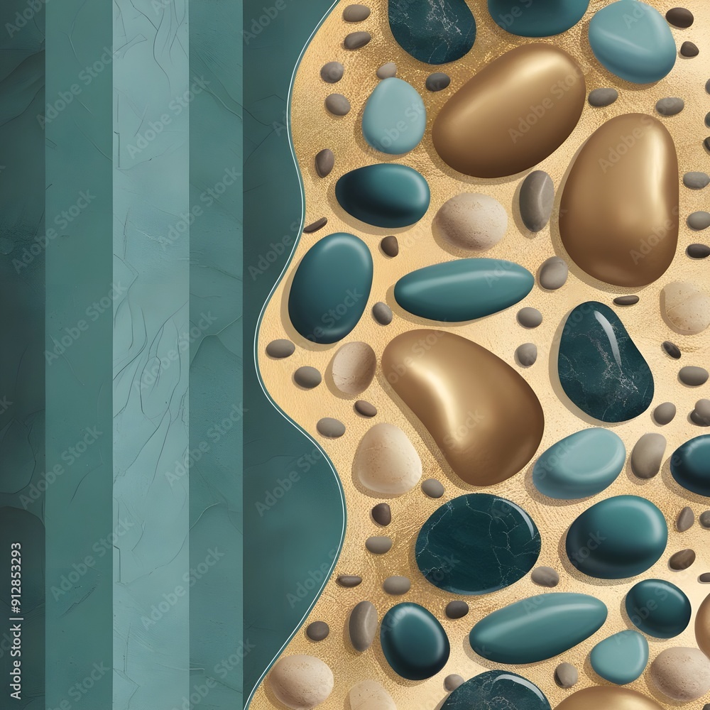 Fototapeta premium Pebbles and stones graphic background, teal blue and gold. 