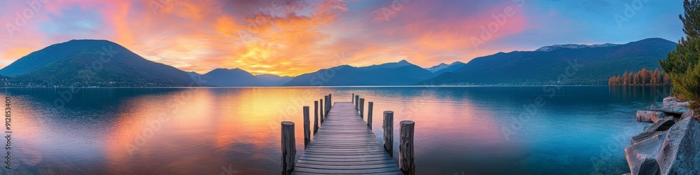 Fototapeta premium Sunset Serenity: A Lakeside Panorama