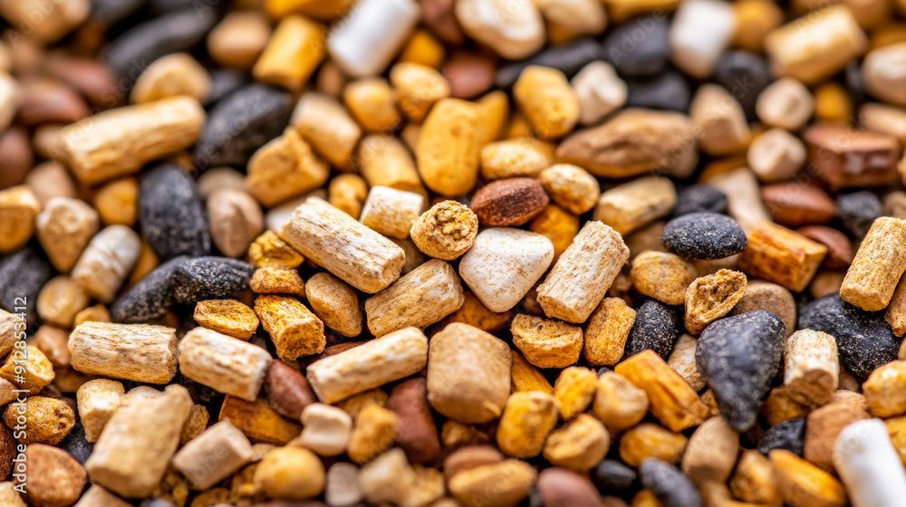 Macro shot of the texture of goat feed highlighting the mix of grains pellets and dried forage with intricate details Macro shot of the texture of goat feed highlighting the mix of grains pellets and dried forage with intricate details