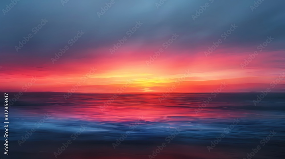 Fototapeta premium A stunning sunset creating vibrant hues of orange and purple over tranquil ocean waves, reflecting beauty and serenity.