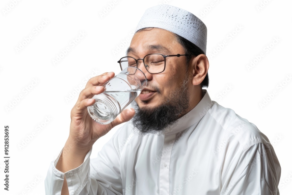 Muslim Man white shirt glasses beard drinking water white hat. Muslim Man white shirt glasses beard drinking water white hat.