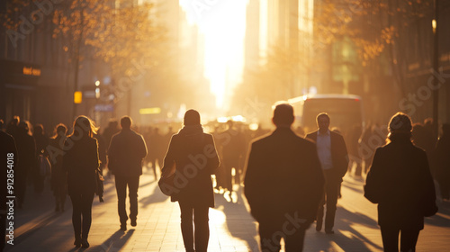 Busy city street filled with people walking in the warm morning sunlight, capturing the start of a new day.