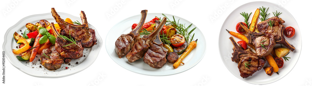 Grilled lamb chops with vegetables isolated on transparent background Grilled lamb chops with vegetables isolated on transparent background
