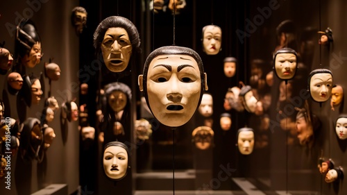 Collection of masks hanging on a wall. They are large and appear to be made of wood.