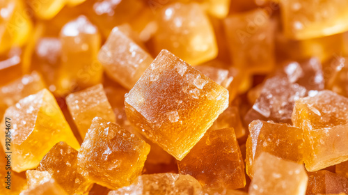 Macro shot of the texture of raw brown sugar highlighting the coarse caramel colored crystals with irregular shapes 