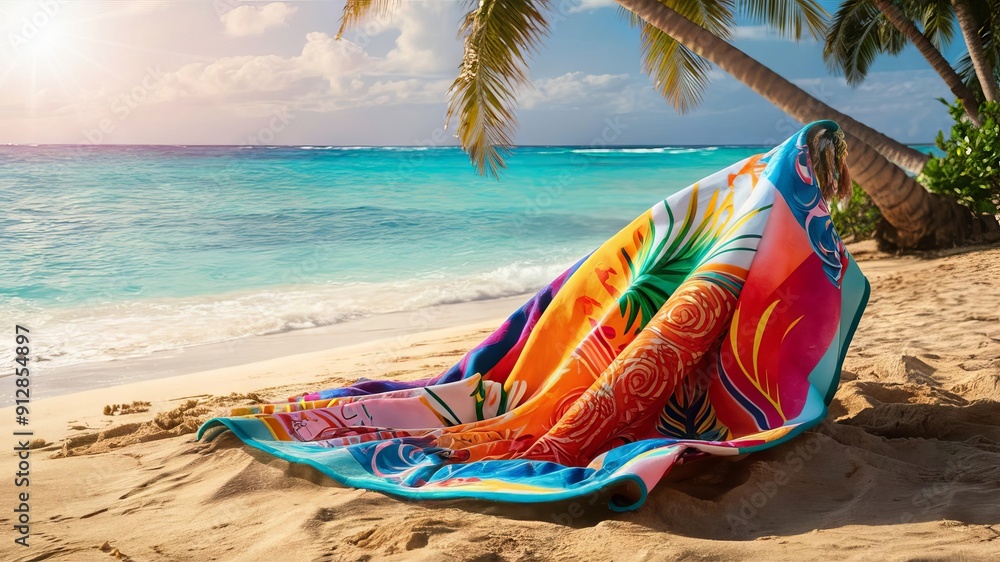 The image shows a colorful blanket on a sandy beach. The blanket is spread out, ready for use. The image shows a colorful blanket on a sandy beach. The blanket is spread out, ready for use.