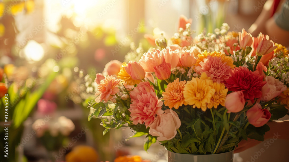 A vibrant bouquet of flowers with various blooms in a sunlit room, creating a warm and cheerful atmosphere. A vibrant bouquet of flowers with various blooms in a sunlit room, creating a warm and cheerful atmosphere.