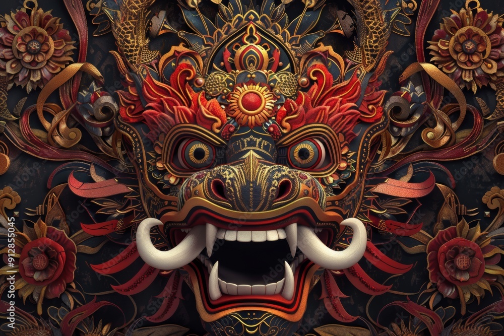 Fototapeta premium Colorful detailed ornate Balinese demon mask geometric frame.