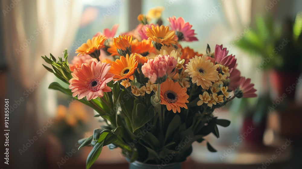 A vibrant bouquet of colorful gerbera daisies in a vase, set in a cozy indoor setting with natural light and soft background. A vibrant bouquet of colorful gerbera daisies in a vase, set in a cozy indoor setting with natural light and soft background.