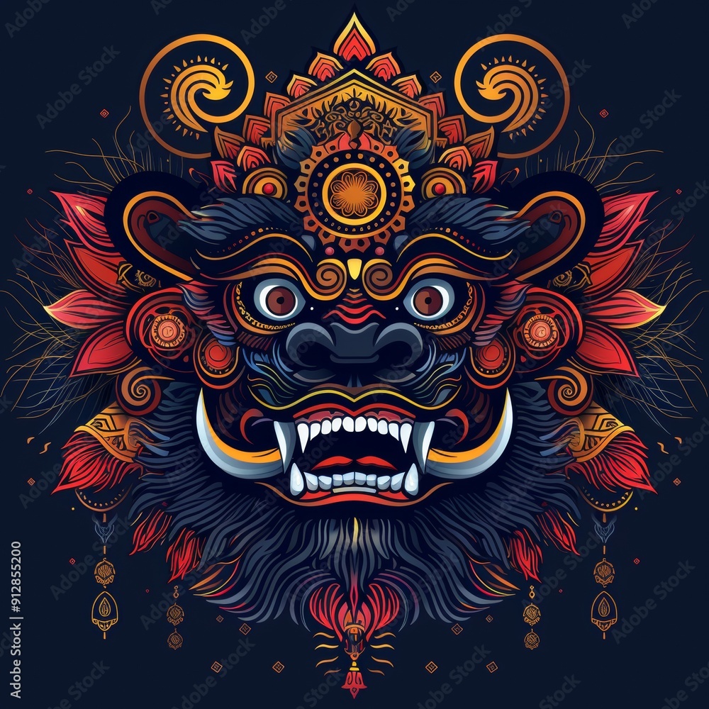 Fototapeta premium Colorful detailed ornate Balinese demon mask geometric frame.