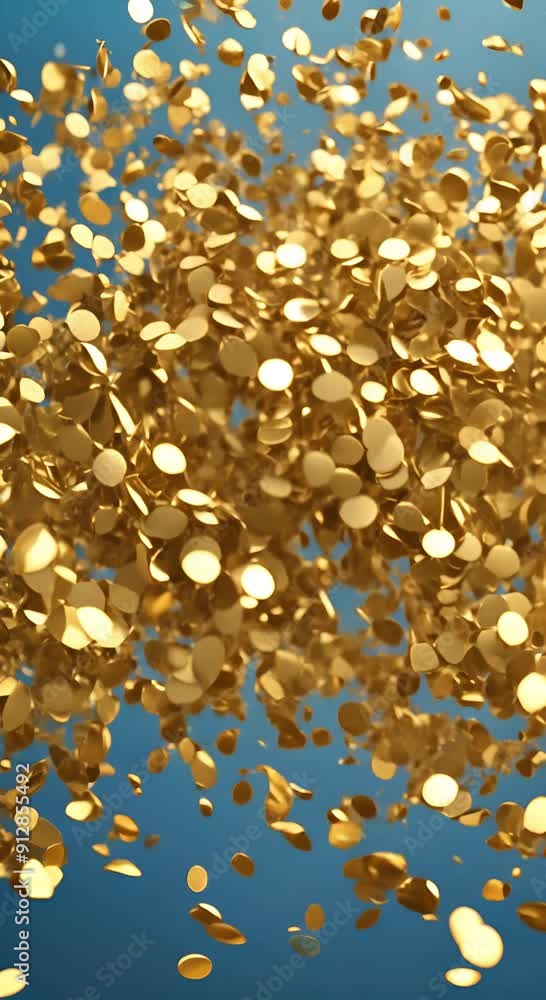 Golden confetti cluster on a blue background for celebratory videos, party invitations, festive promotions, social media content, luxury ads, holiday greetings. Shimmering gold confetti vertical video Golden confetti cluster on a blue background for celebratory videos, party invitations, festive promotions, social media content, luxury ads, holiday greetings. Shimmering gold confetti vertical video