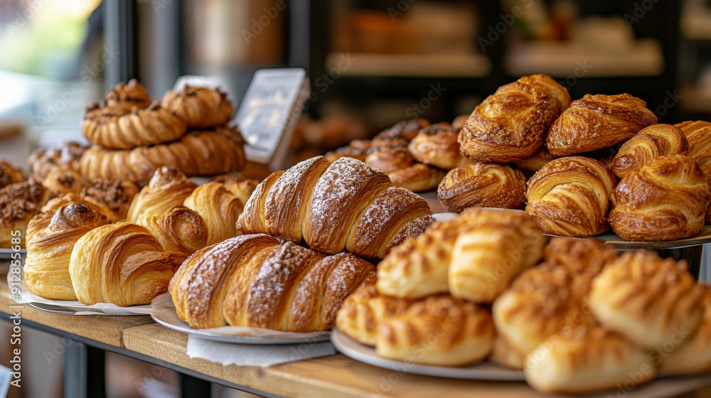A variety of freshly baked croissants and pastries displayed on plates in a bakery, showcasing their golden-brown, flaky texture. A variety of freshly baked croissants and pastries displayed on plates in a bakery, showcasing their golden-brown, flaky texture.