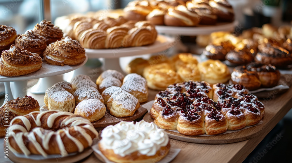 An enticing display of assorted pastries and croissants, featuring various toppings and fillings, in a cozy bakery setting. An enticing display of assorted pastries and croissants, featuring various toppings and fillings, in a cozy bakery setting.