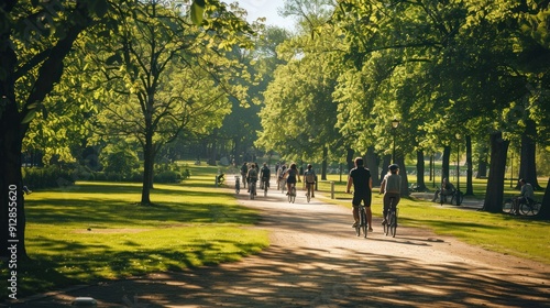 A group of people riding bicycles through a city park.