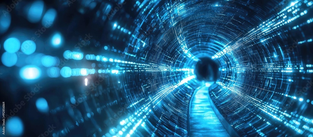 Obraz premium Futuristic abstract background featuring blue neon lines creating a dynamic tunnel Emphasizing advanced technology scientific innovations and a journey through a digital realm Exploring cyberspace