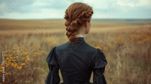 Young woman in traditional dress facing open field with wildflowers under cloudy sky