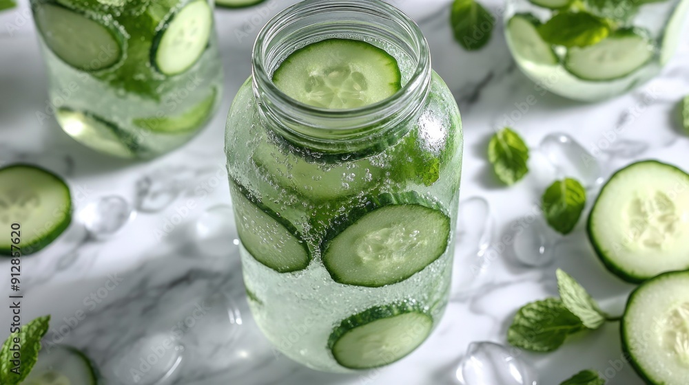 Cucumber and Mint Infused Water in a Glass Jar Cucumber and Mint Infused Water in a Glass Jar