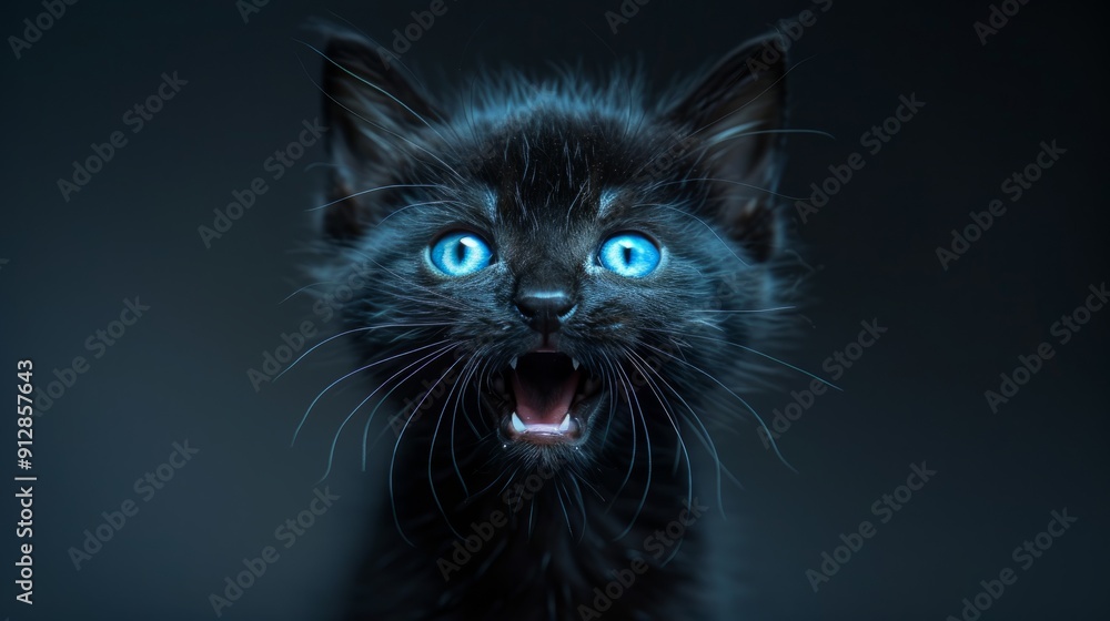Black cat with bright blue eyes yelling in dim lighting Black cat with bright blue eyes yelling in dim lighting