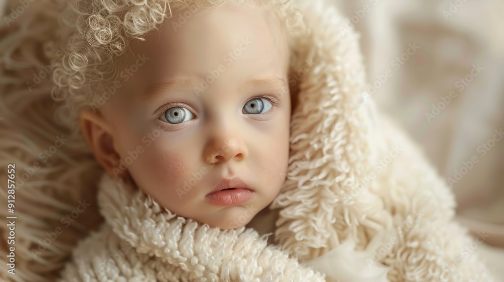 Curly haired child wrapped in soft blanket with blue eyes in cozy indoor setting Curly haired child wrapped in soft blanket with blue eyes in cozy indoor setting