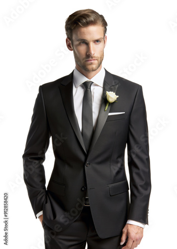 Groom in black suit with boutonniere isolated on transparent background