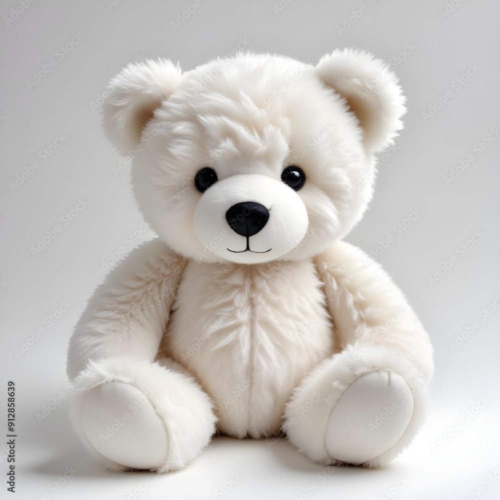 A fluffy white teddy bear with round black eyes sitting upright on a pure white background, emphasizing its soft texture and gentle expression A fluffy white teddy bear with round black eyes sitting upright on a pure white background, emphasizing its soft texture and gentle expression