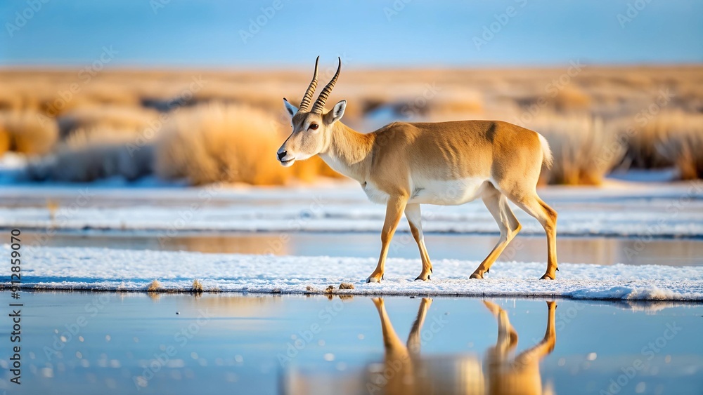 Saiga Antelope Walking Through a Snowy Steppe Landscape Generative AI Saiga Antelope Walking Through a Snowy Steppe Landscape Generative AI