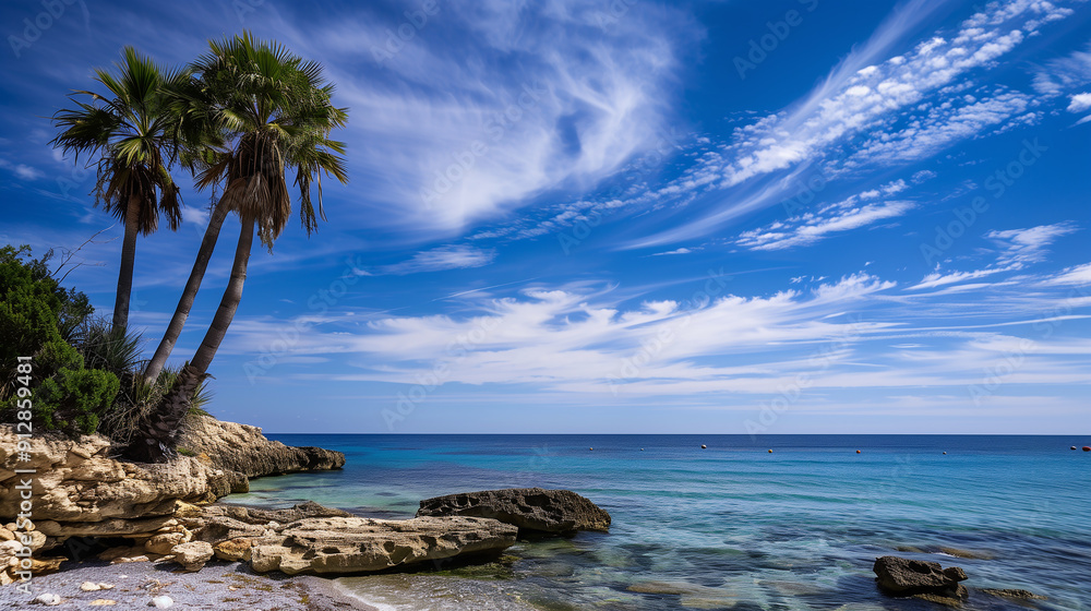 A beautiful beach with palm trees and a clear blue sky