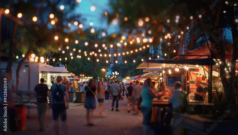 A blurred background of an outdoor food truck festival with string lights and people walking around Generative AI A blurred background of an outdoor food truck festival with string lights and people walking around Generative AI